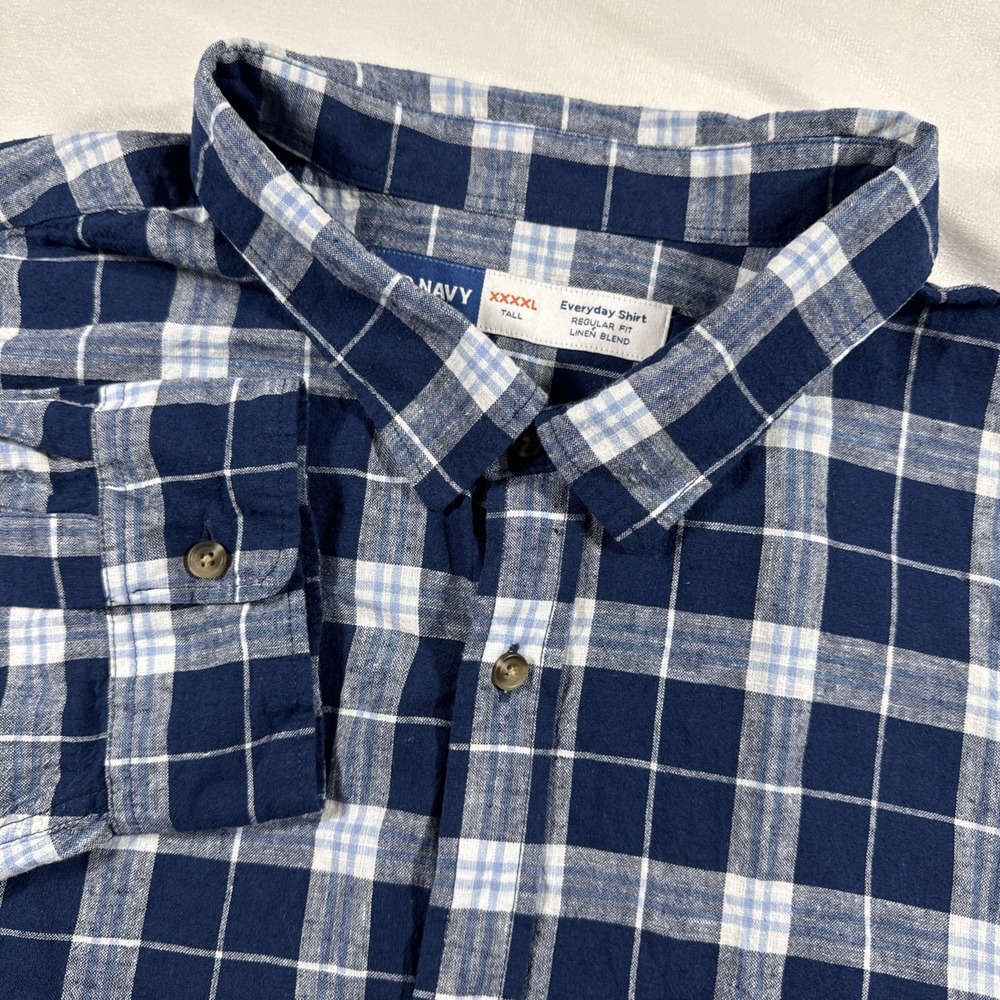 Old Navy Shirt Men 4XL Tall Linen Blend Blue/White Plaid Button L/S Regular Fit